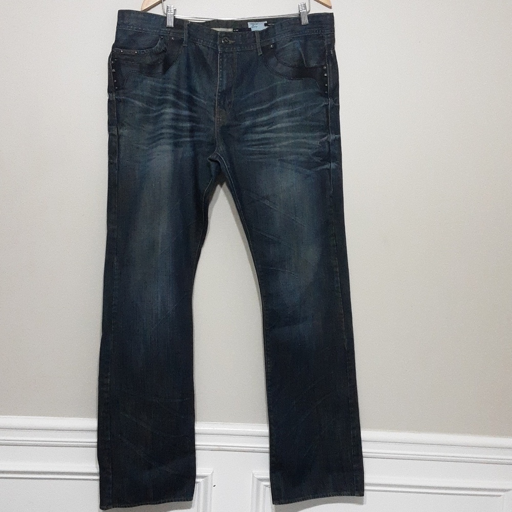 Projek  Raw jean men's 40 straight legs leather trim distressed Y2k Loose Rodeo